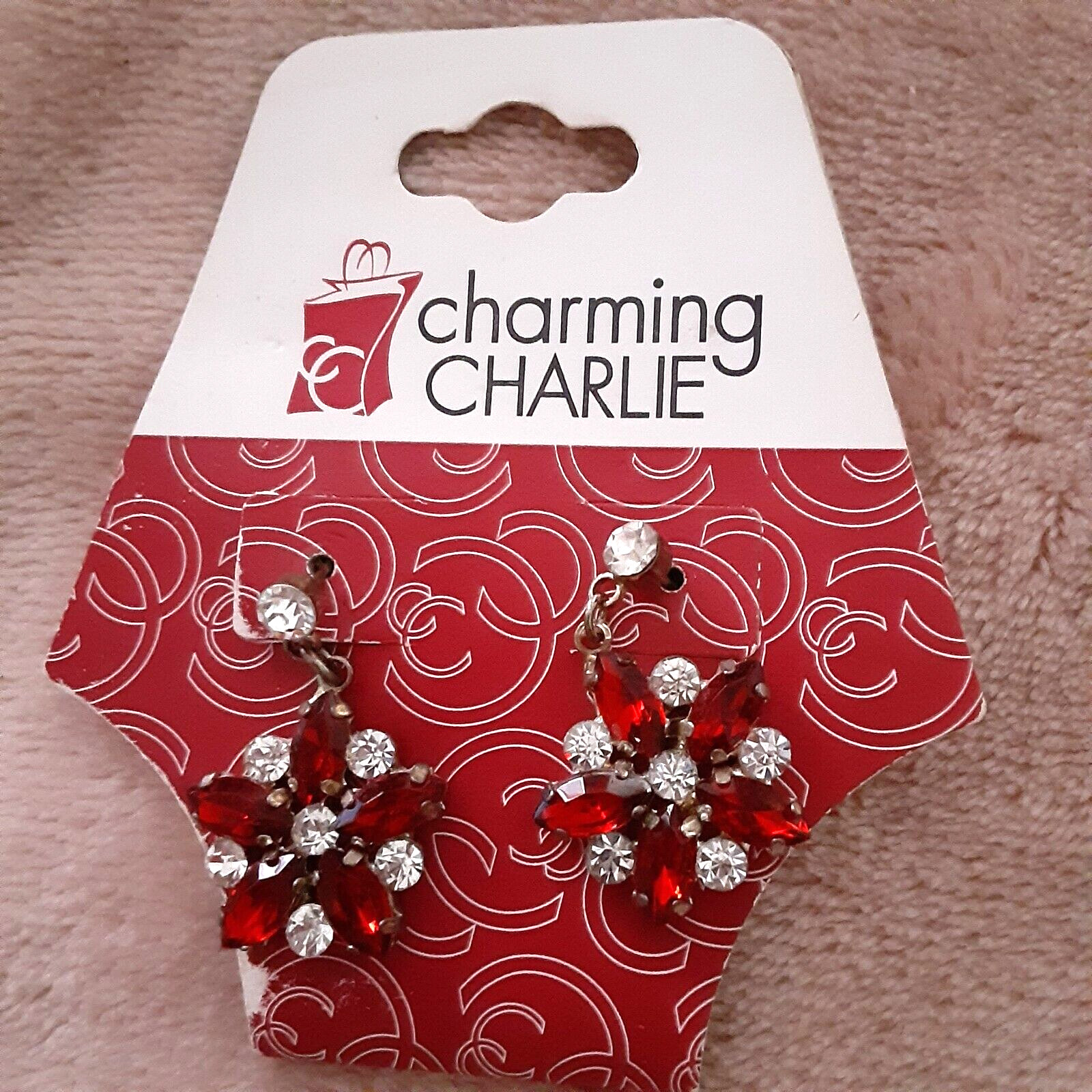 NWT Charming Charlie special occasion red sparkly 1″ earrings