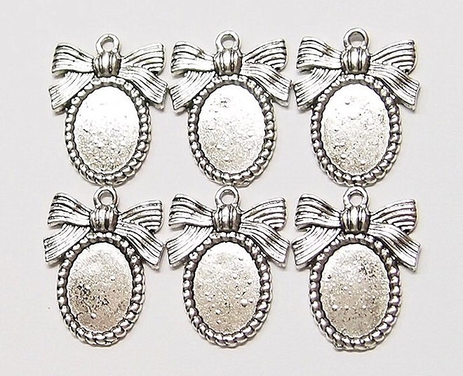 20- 14x10mm Antique Silver Plated Ribbon Pendant Settings 4Cameos Cabs 25x20mm
