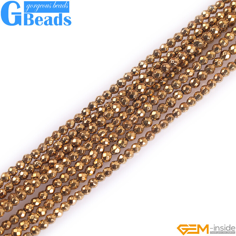 Gold Metallic Coated Reflections Hematite Faceted Round Beads 15″ Free Shipping