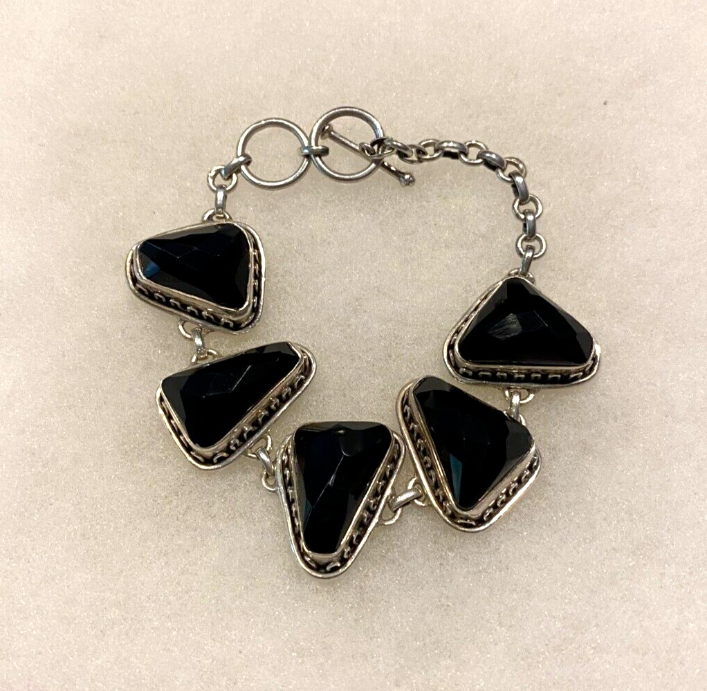 Silver Faceted Onyx Triangular Link Adjustable Bracelet 8 In. Long – 40.0 Grams