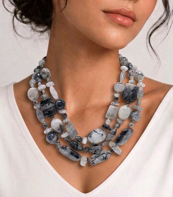 Tourmalinated Quartz Gemstone Three Strand Necklace Hand Knotted 22″ to 24″