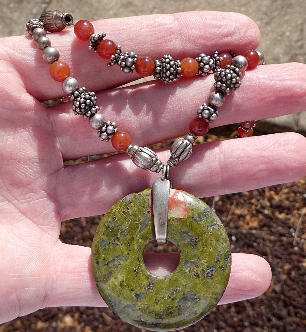 Sterling Silver Unakite Carnelian Double Strand Pendant Necklace 925 44.5g 15 In