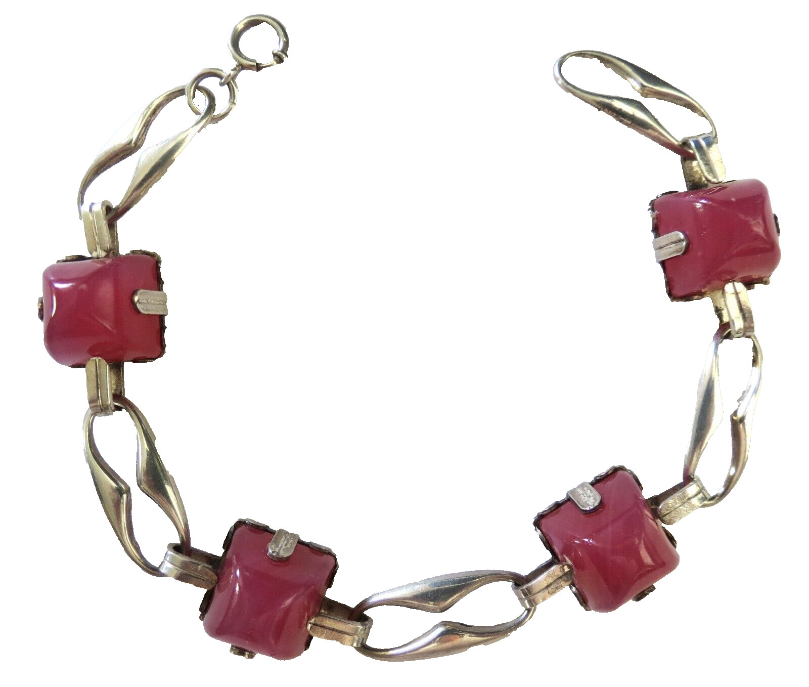 Antique Art Deco Sterling Silver Pink Gumdrop Dome Glass Stone Bracelet 22.4g