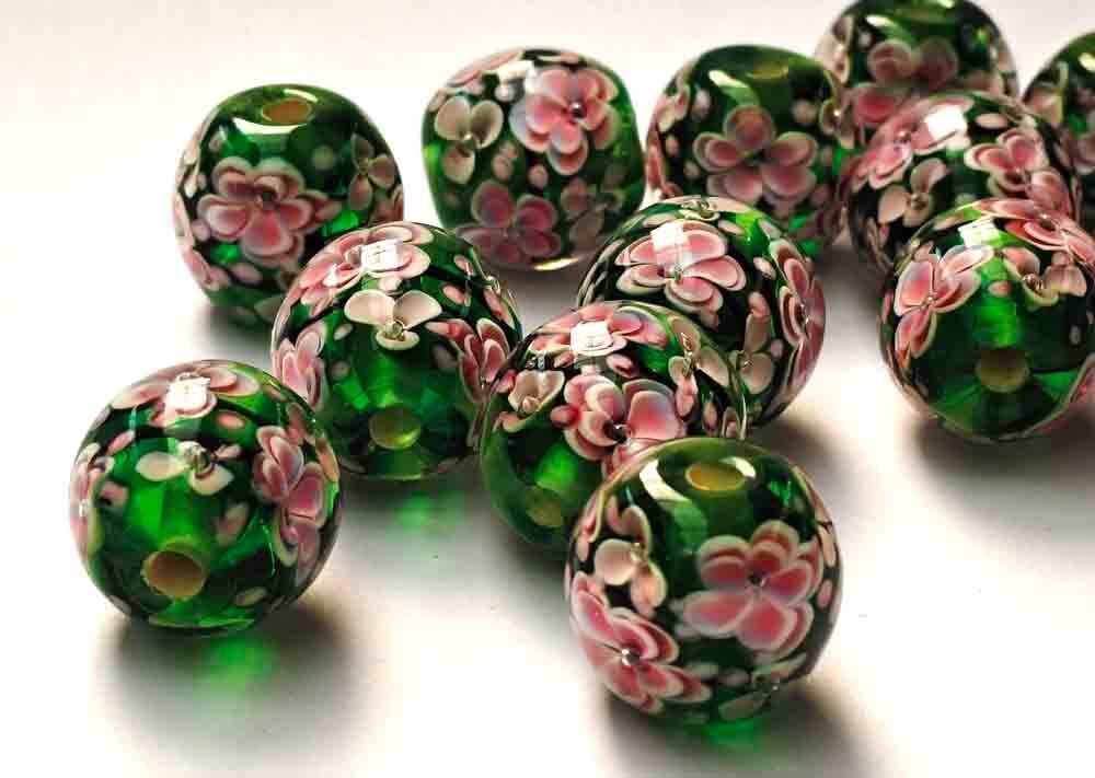 10pcs handmade Lampwork glass beads glass Pink plum flower round on Green 14mm