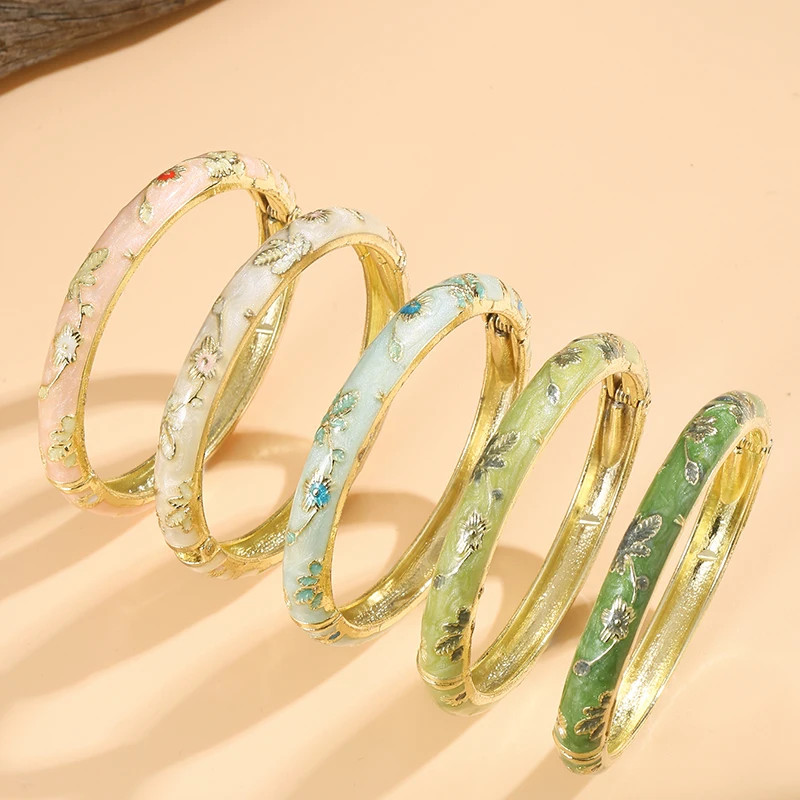 5PCS Fine Small Flower Cloisonne Enamel Bangles For Women Vintage Bohemian