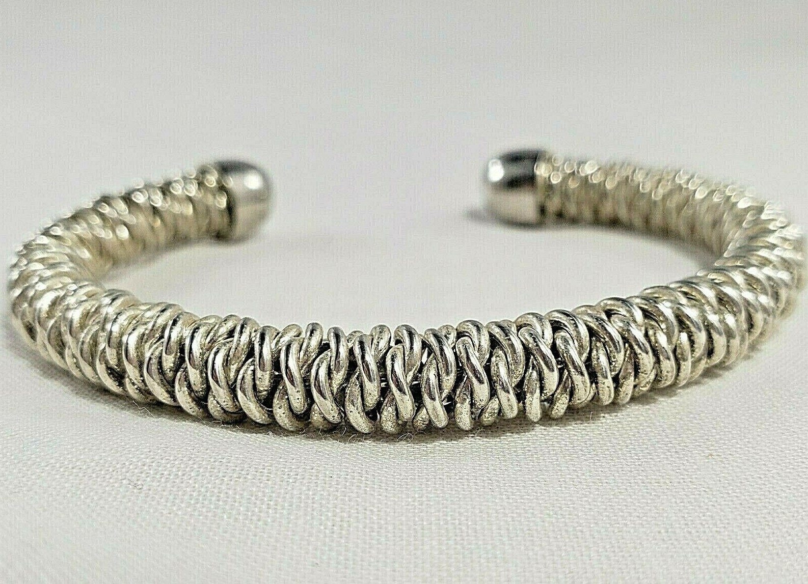 Bracelet Open Cuff Silver Tone Finish Twisted Cable Brutalist Look Flexible