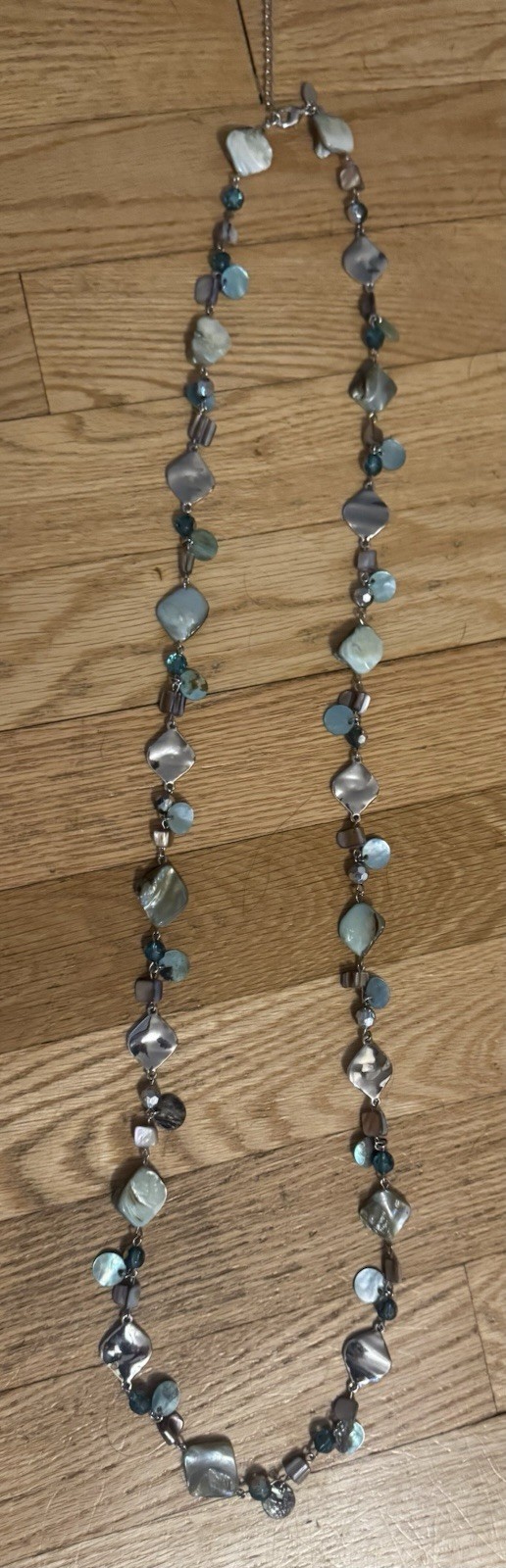 Lia Sophia Signed Statement Beaded Necklace Shell & Blue Glass, Lobster Clasp