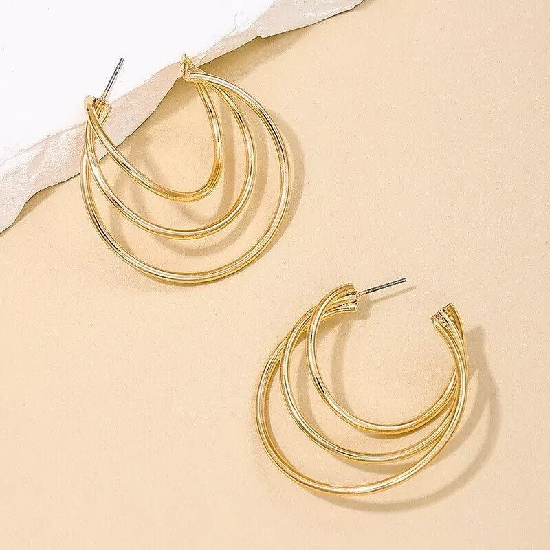 Gold Triple Hoop Earrings Triple Row Metal Hoop Stud Buy One Get Two Free