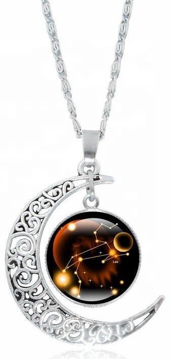 Moon Shaped Zodiac Sign Necklace Horoscope Astrological Pendant with 17″ Chain