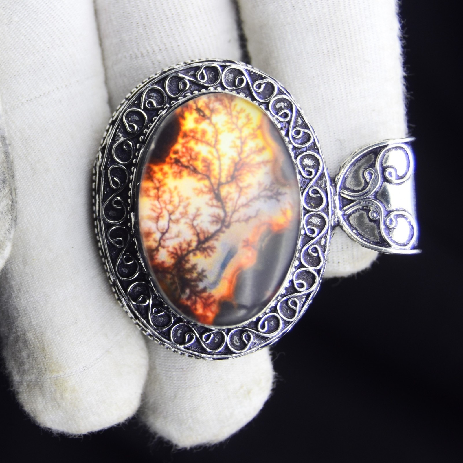 Fire Tree Dendritic Gemstone Pendant Handmade 925 Sterling Silver Jewelry 1.75″