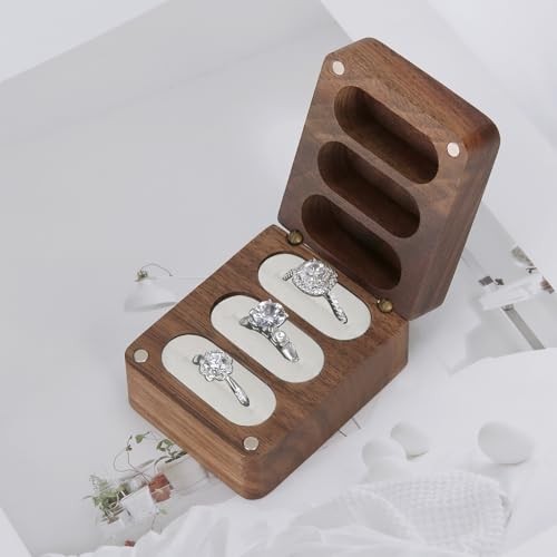 Wood Velet Ring Box 3 Slots, Personalized Wooden Ring Box for White Inner