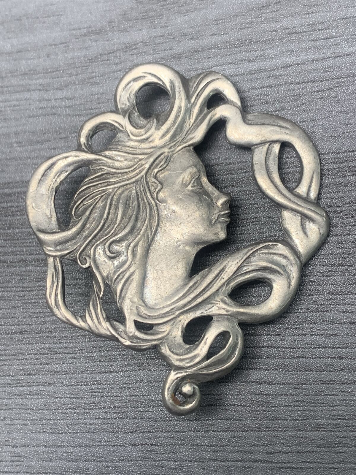 Vintage Art Nuevo Lady SEAGULL PEWTER Canada signed BROOCH 2”