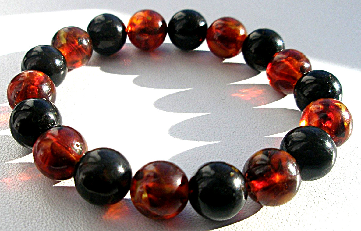 Real Baltic Amber Boho Round Beads 9 mm, Bracelet 16 cm 6.3”, Red Cherry, Black