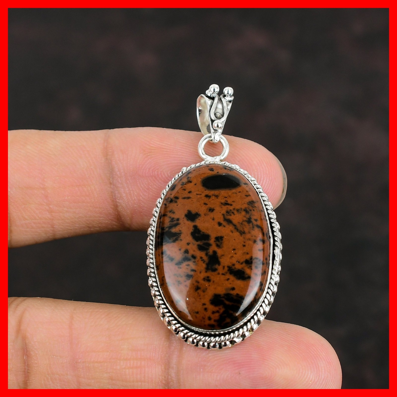 925 Sterling Silver Oval Root Chakra Mahogany Obsidian Stone New Pendant Jewelry
