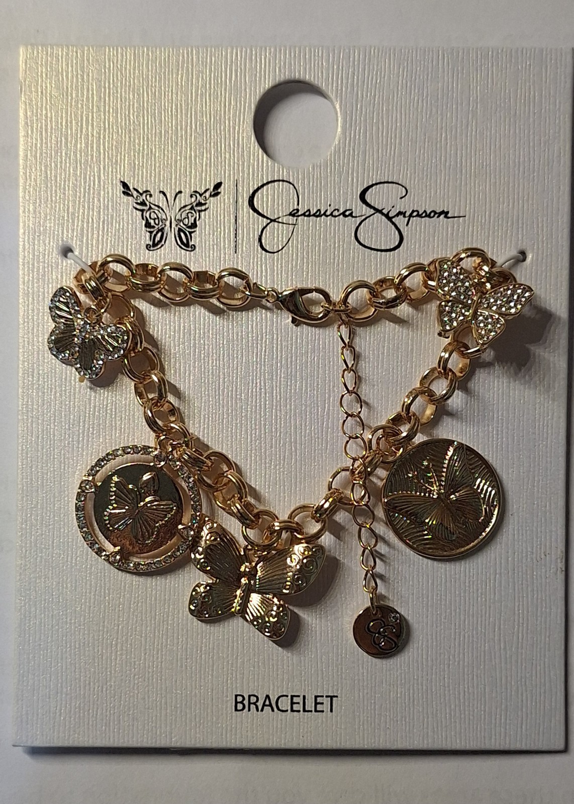 Jessica Simpson Gold Tone Butterfly Dangle Charm Rolo Chain Bracelet, Lobster