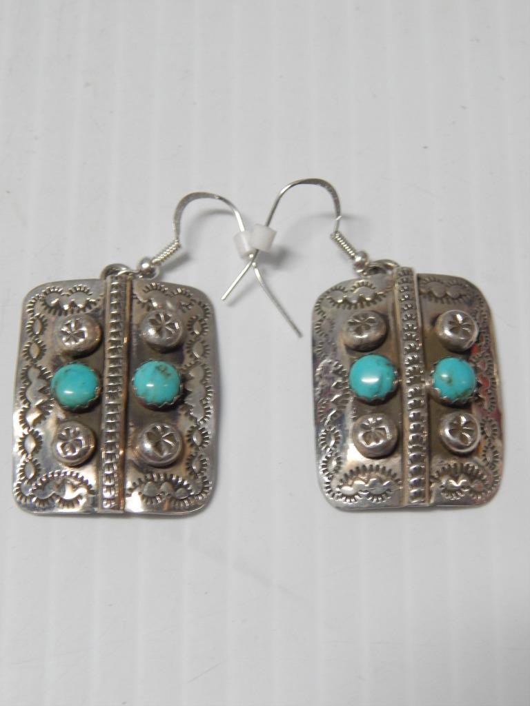 BIG AND BOLD VINTAGE NAVAJO STERLING SILVER TURQUOISE DANGLER EARRINGS