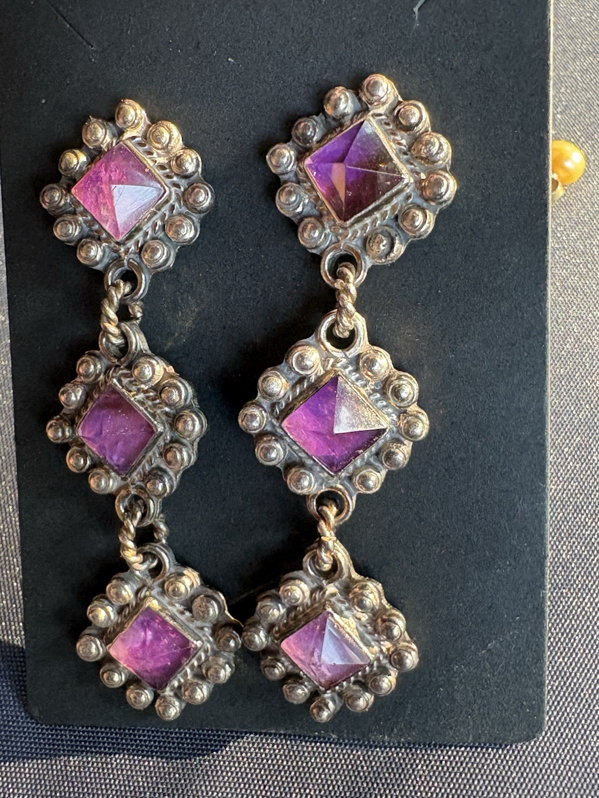 Vintage Pyramid Amethyst Sterling 2.75” Earrings 32g signed NM 925 Mexico RARE