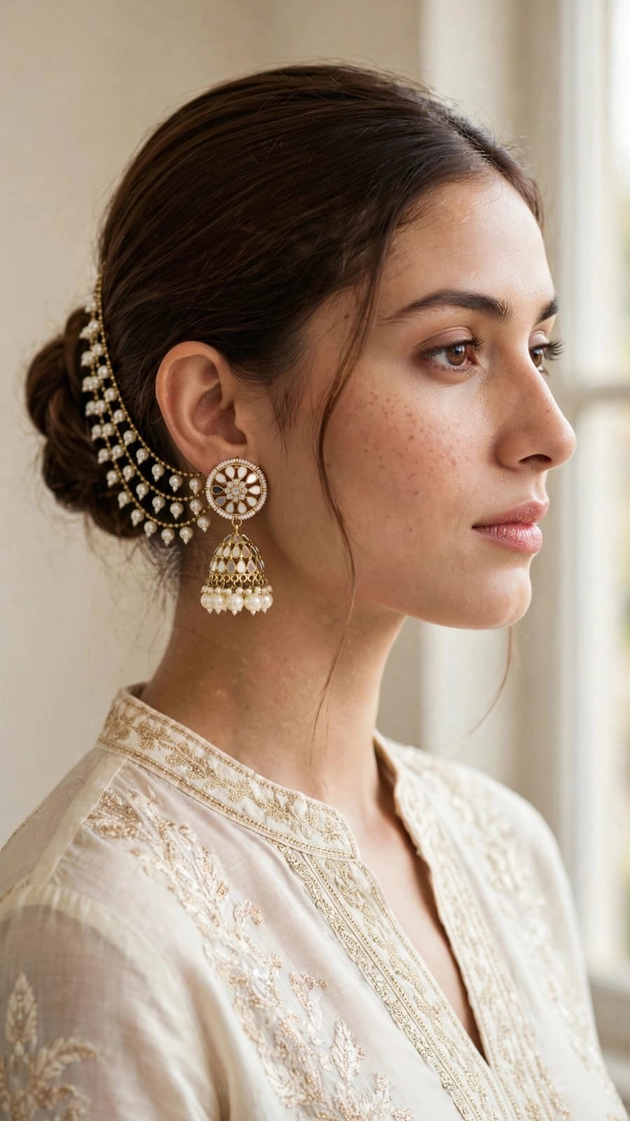 Traditional Kundan Pearl Jhumka Earrings Gold Plated Ear Chain Statement Earring