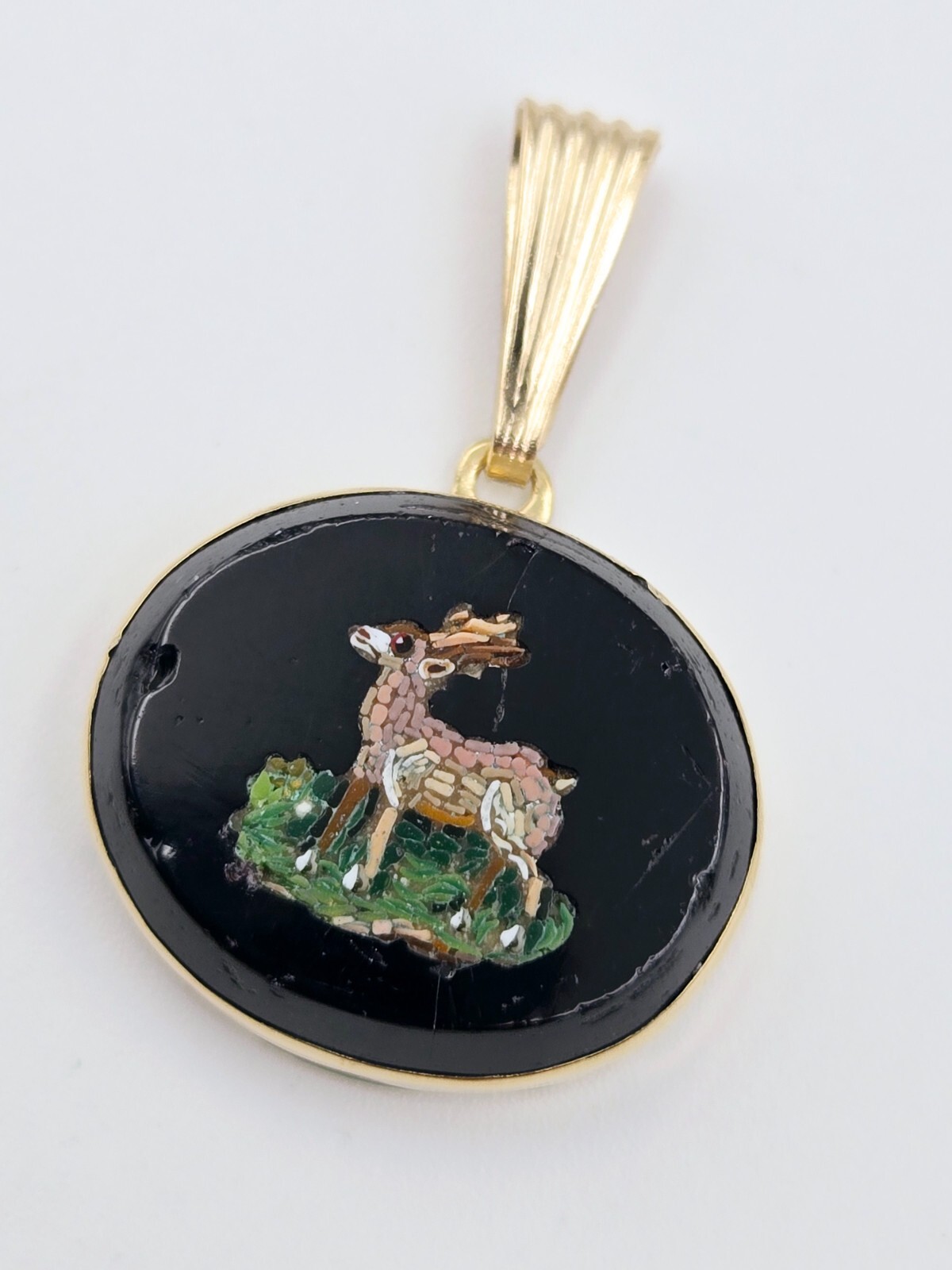 Micro Mosaic Pendant Deer Stag 14K Gold & other metals Italy Grand Tour Necklace
