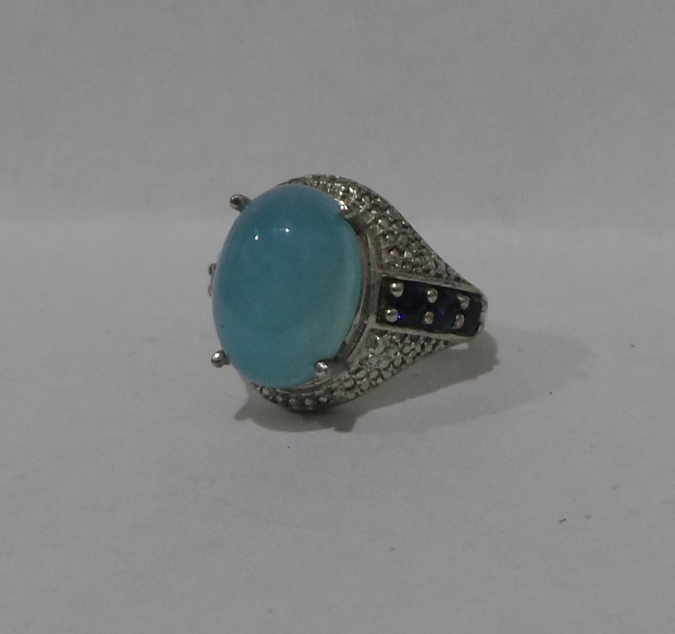 STS Karis Oval Aqua Chalcedony & Blue Accents Ring Silver Tone Size 6 14x10mm