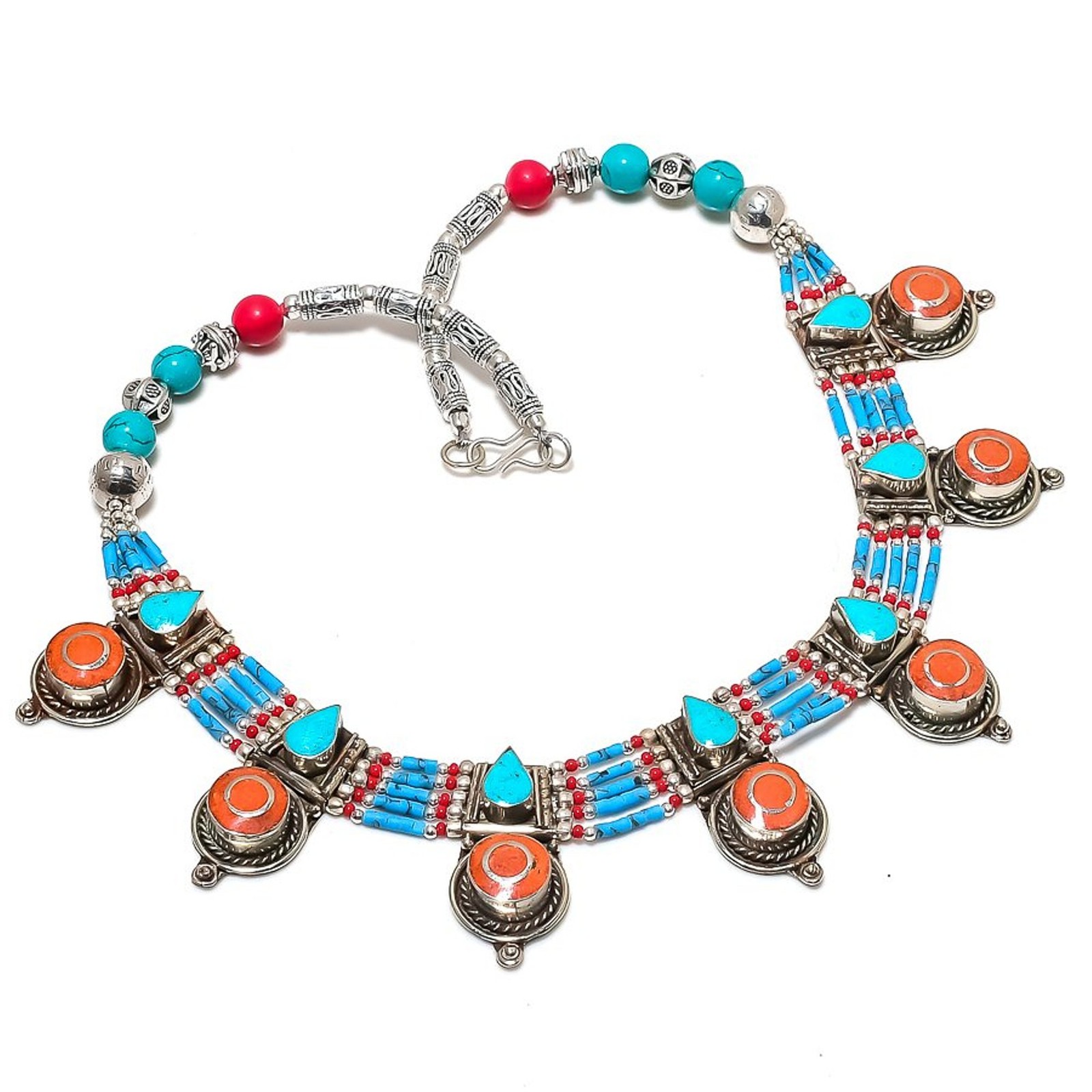 Red Coral Tibetan Turquoise Handmade Bohemian Nepali Jewelry Necklace 18″ SR65