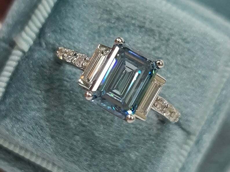 3Ct Emerald Simulated Blue Diamond Three Stone Ring 14k White Gold Plated Silver