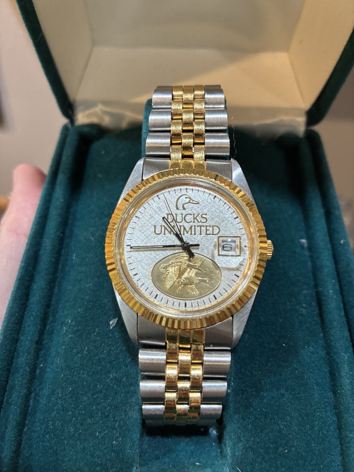 Ducks Unlimited Two-Tone Quartz Bevel Analog Date Watch w/ Box