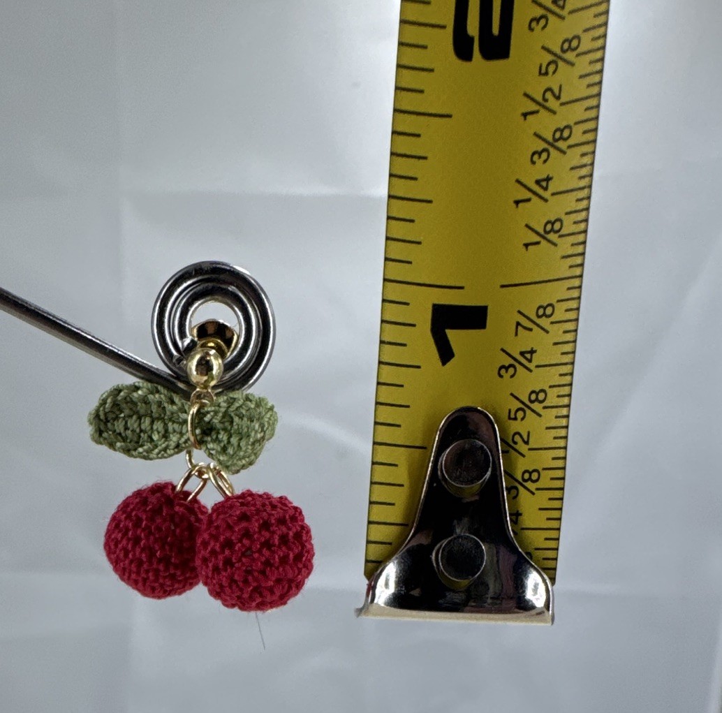 Hand Made, Tiny Crochet Cherry Pendant Necklace & Earrings Set