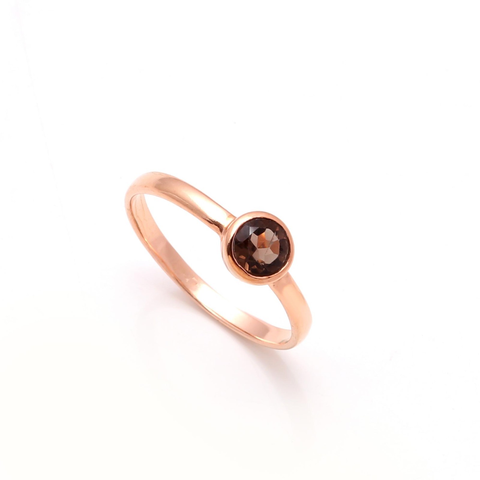 Natural Smoky Quartz Round Cut Ring Rose Gold Fill 925 Sterling Silver Jewelry