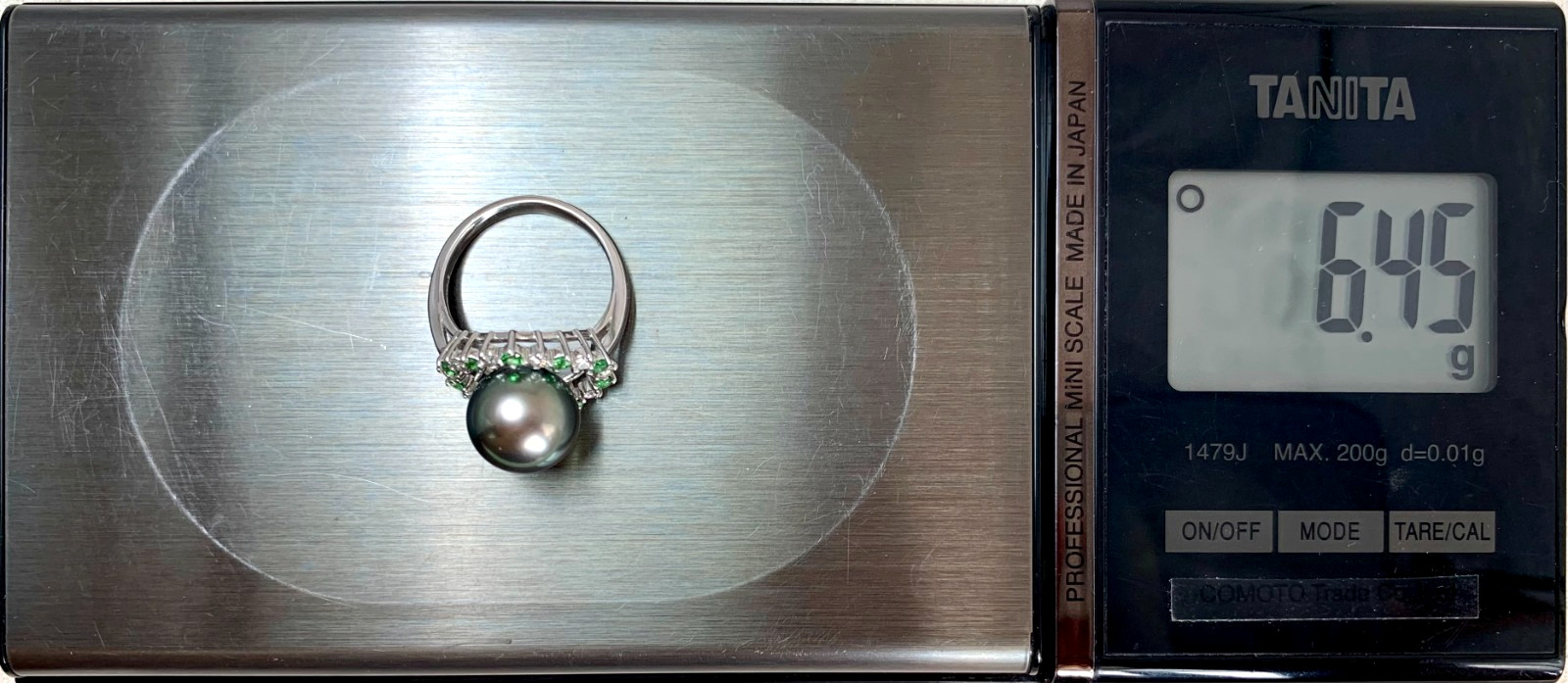 AAA 10.8mm Peacock Tahitian Pearl Ring Diamond & Tsavorite 18K Solid White Gold