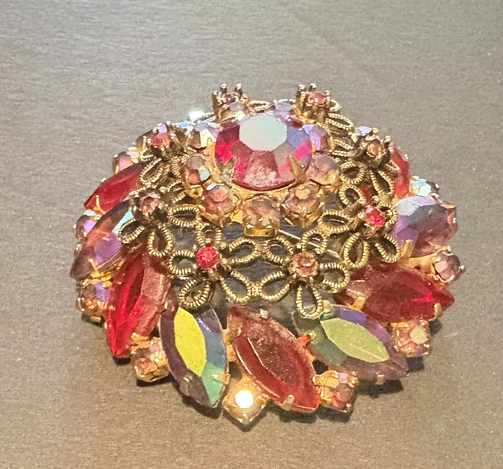 Juliana 1950s Red Rhinestone Marquise Cut Brooch with Faux Iridescent Stones