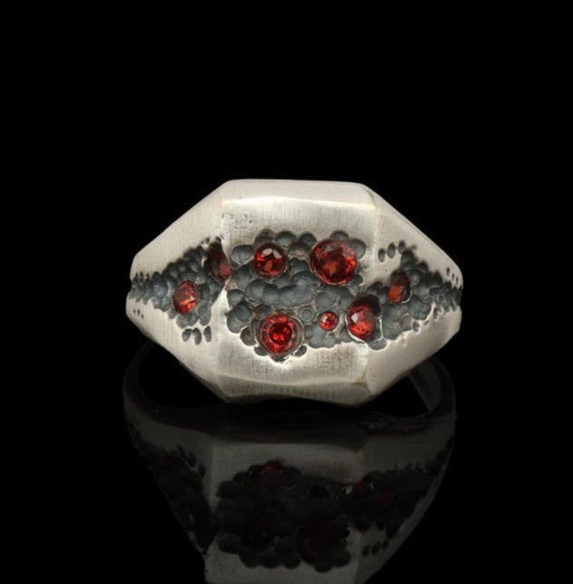 Natural Garnet Sterling Silver Signet Ring, Distressed Mens Jewelry For Father