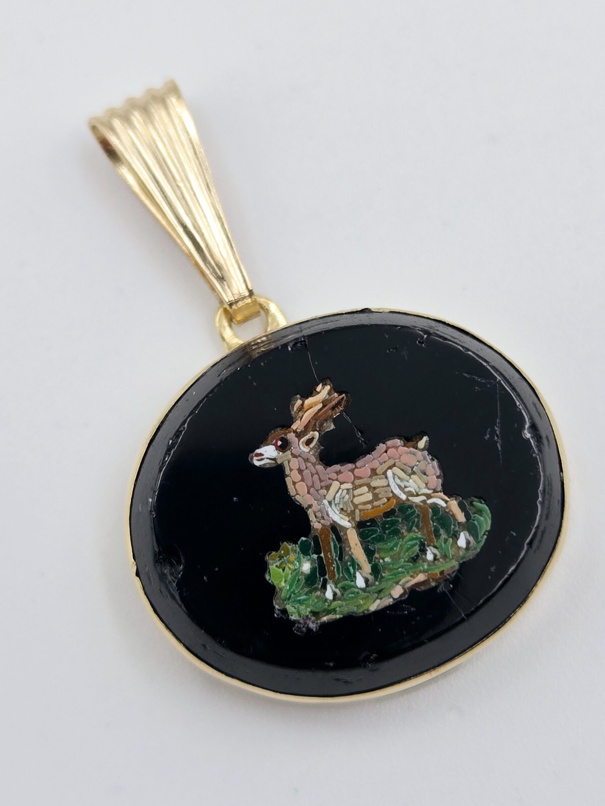 Micro Mosaic Pendant Deer Stag 14K Gold & other metals Italy Grand Tour Necklace