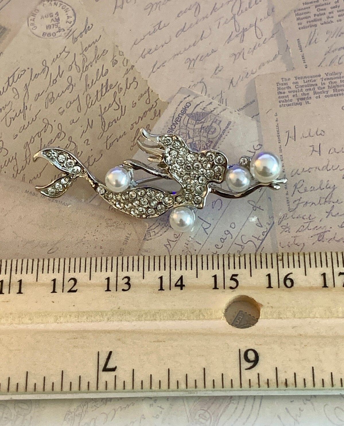 Rhinestone Mermaid Brooch Faux Pearl Nautical Accent Mythical Sea Siren Pin