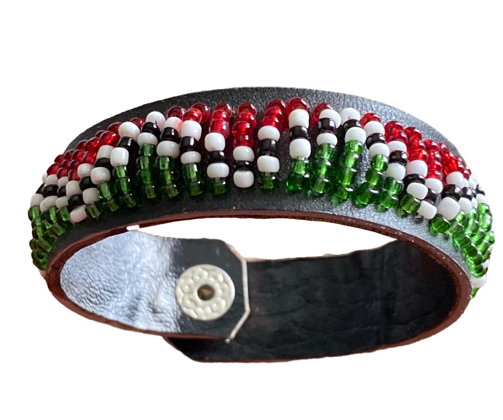 Vtg Maasai Beaded Leather Cuff Bracelet Kenya Flag East African Artisan HandMade