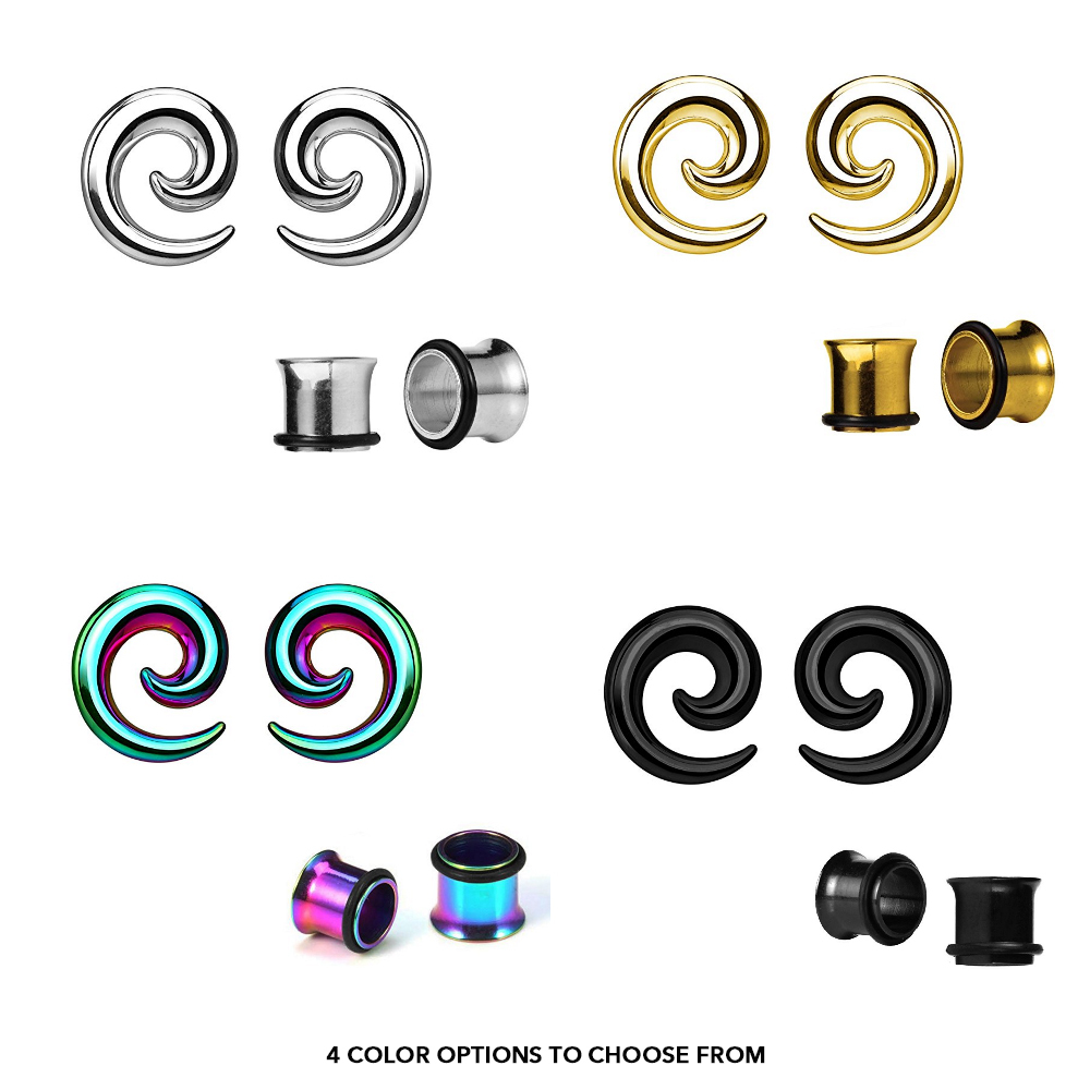 Pair of Anodized Titanium Seamless Steel Spiral Ear Tapers with Ear Plugs