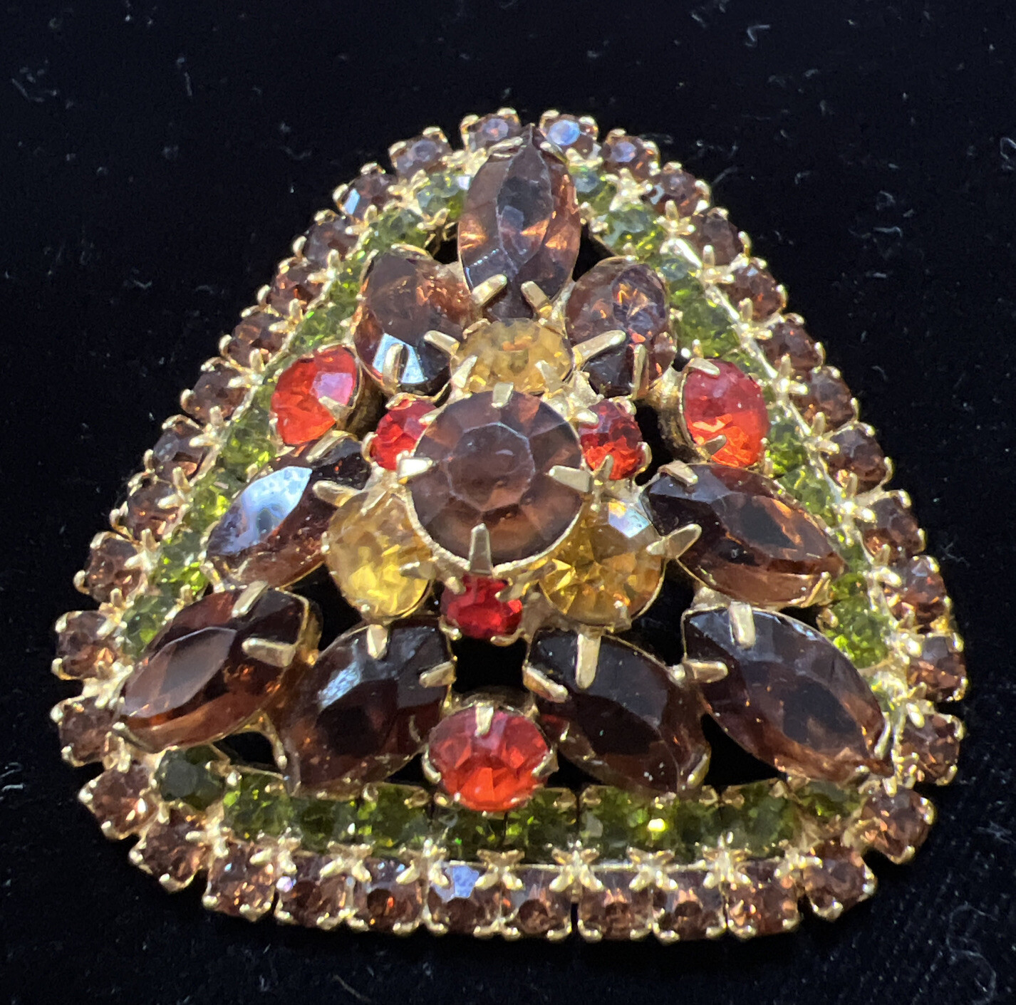 Juliana D&E Rhinestone Brooch Autumn Colors of Hyacinth Sable & Olivine Domed