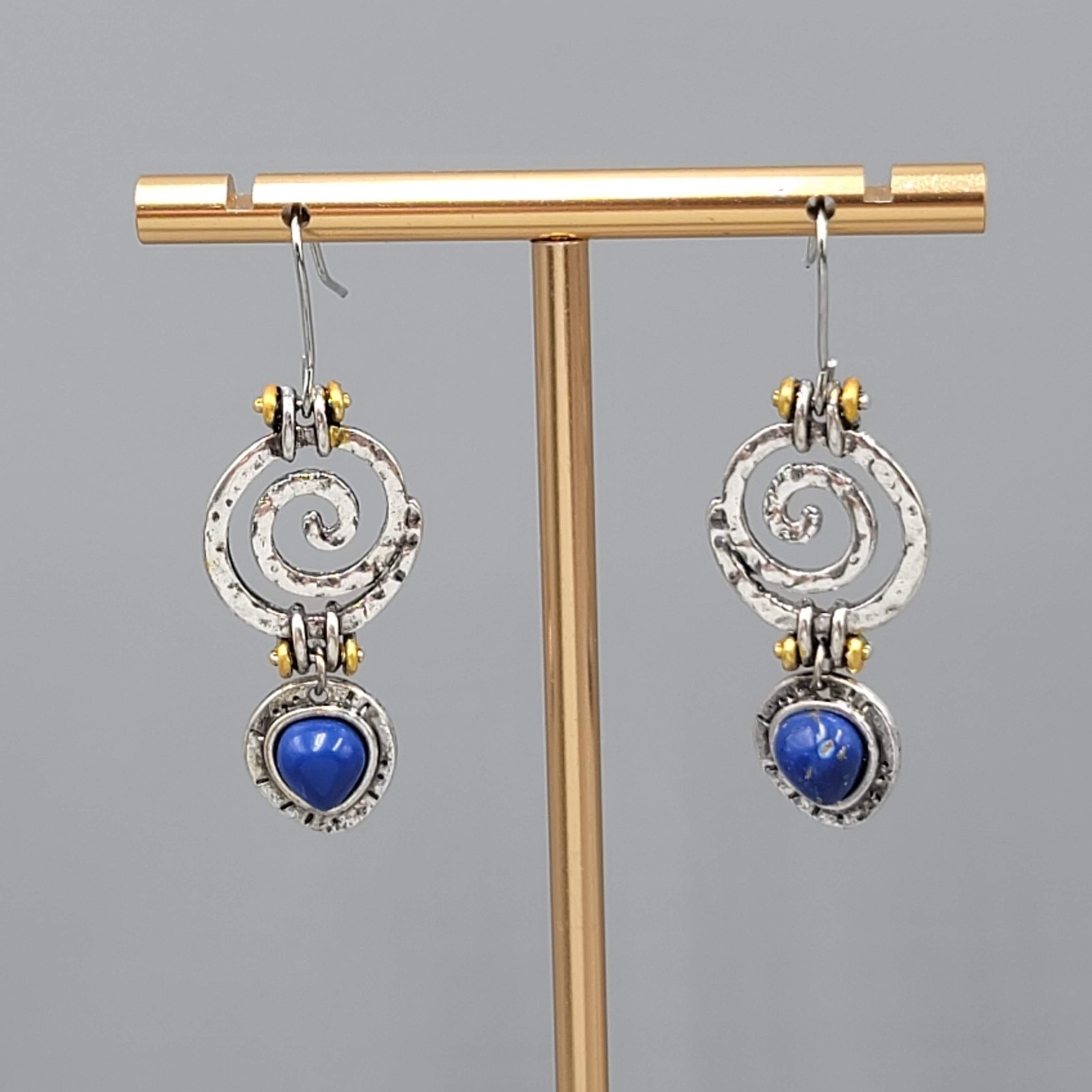 Blue Stone Hammered Metal Pierced Earrings Silver tone Gold tone Dangle 1 3/8 in