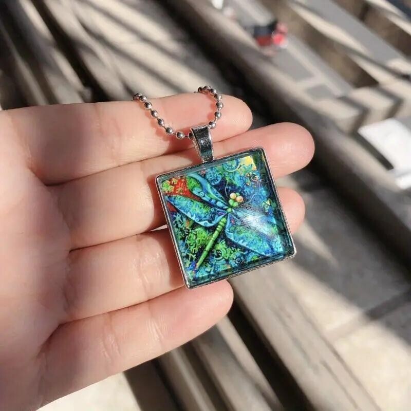 Blue Dragonfly Shape Pattern Pendant Necklace Vintage Neck Jewelry Gift