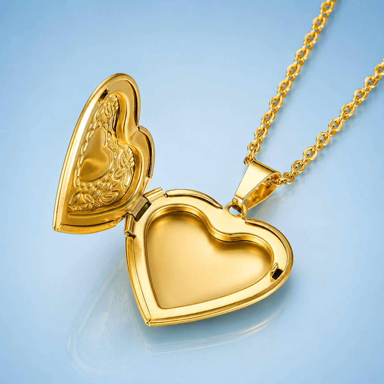 Stainless Steel Heart Shaped Locket Pendant Necklace Floral Engraved Gold Finish