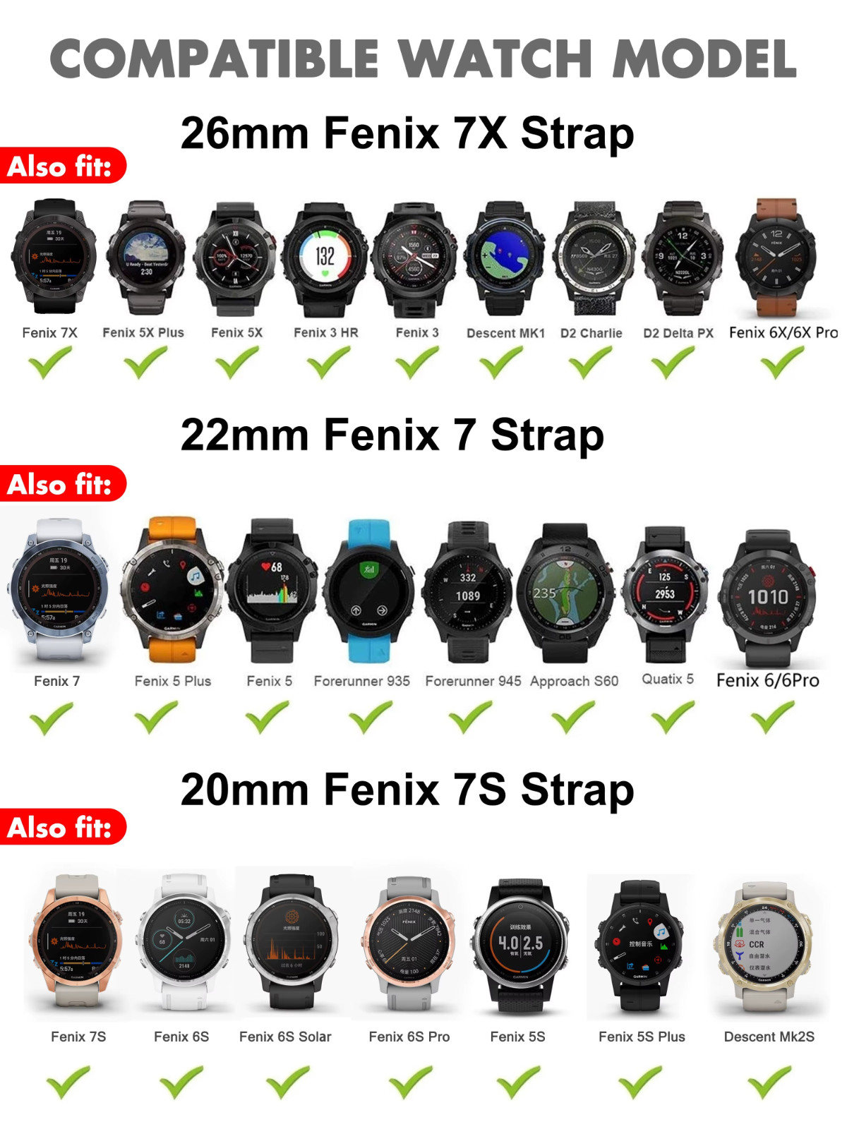 QuickFit 20 22mm 26mm Watch Straps For Garmin Fenix 7X 7 7S 6X 6 6S Pro Silicone
