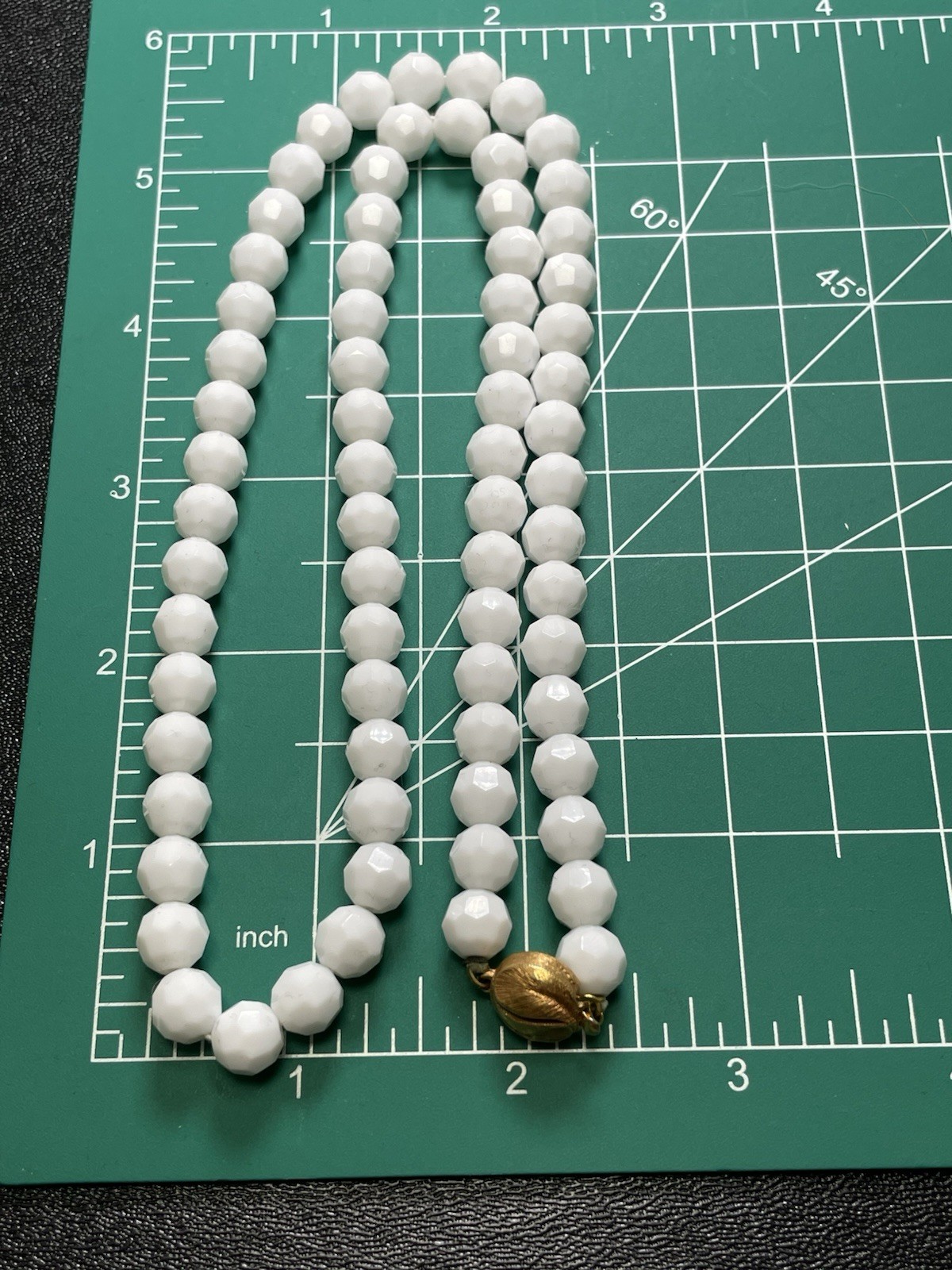 Vintage 22” White Heavy Faceted Glass Beaded Necklace Gold Tone Push Lock Clasp