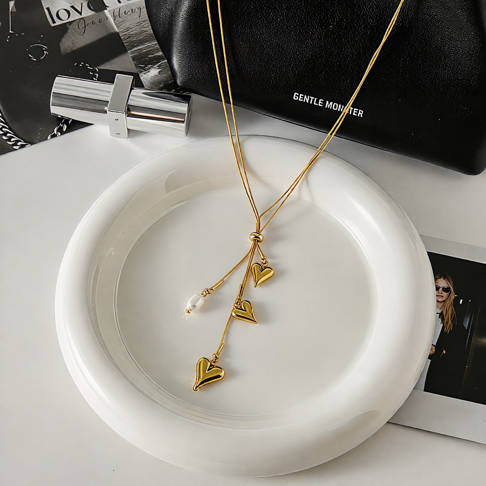 18K Gold Plated Heart Lariat Necklace Freshwater Pearl Stainless Steel Gift