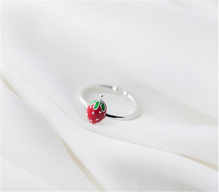 Tiny Beautiful Silver Red Strawberry Engagement Wedding Band Ring
