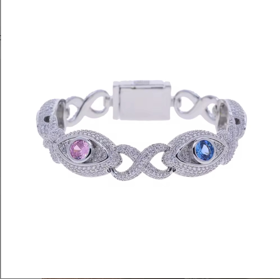 3CT Lab Created Diamond Pink Blue Paved Evil Eye Link Infinite Chain Bracelet