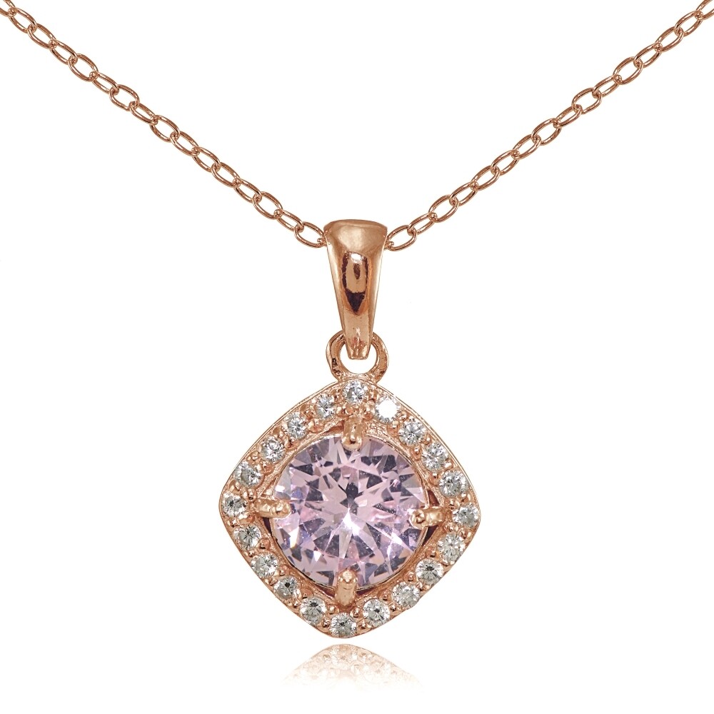 Rose Gold Tone over Silver Simulated Pink Tourmaline Round & CZ Accents Necklace