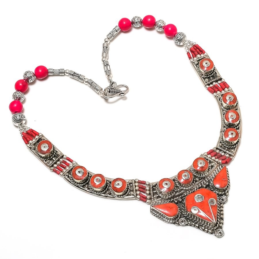 Red Coral Gemstone Necklace Handmade Amazing Tibetan Nepali Jewelry 18″ NN 6962