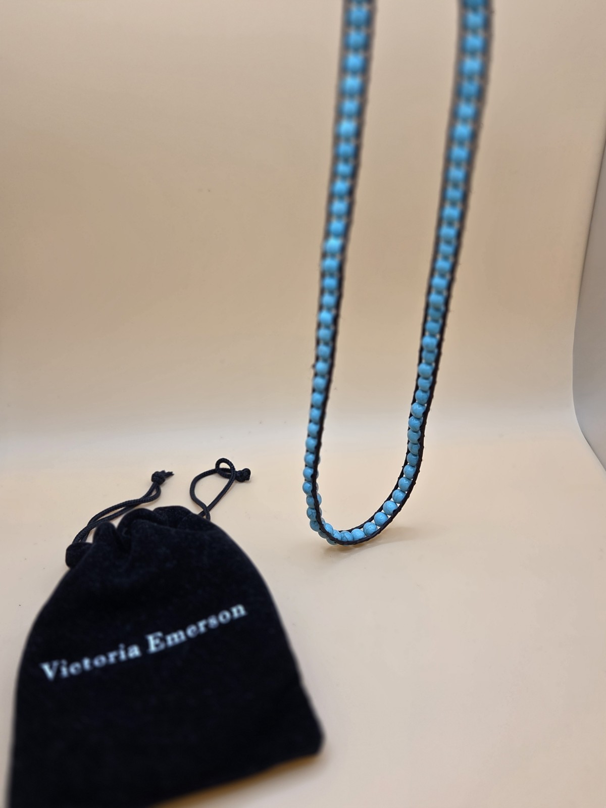 Victoria Emerson Blue Beaded Leather Wrap Bracelet Button Adjustable