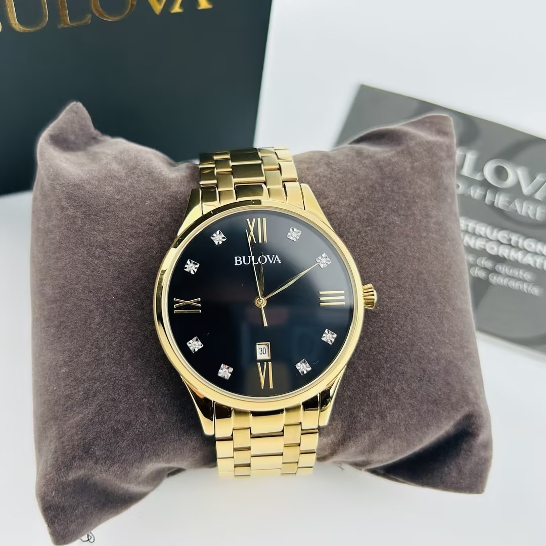 Bulova Classic 97D108 Black Dial Diamond Gold Bracelet Men’s Quartz Watch New