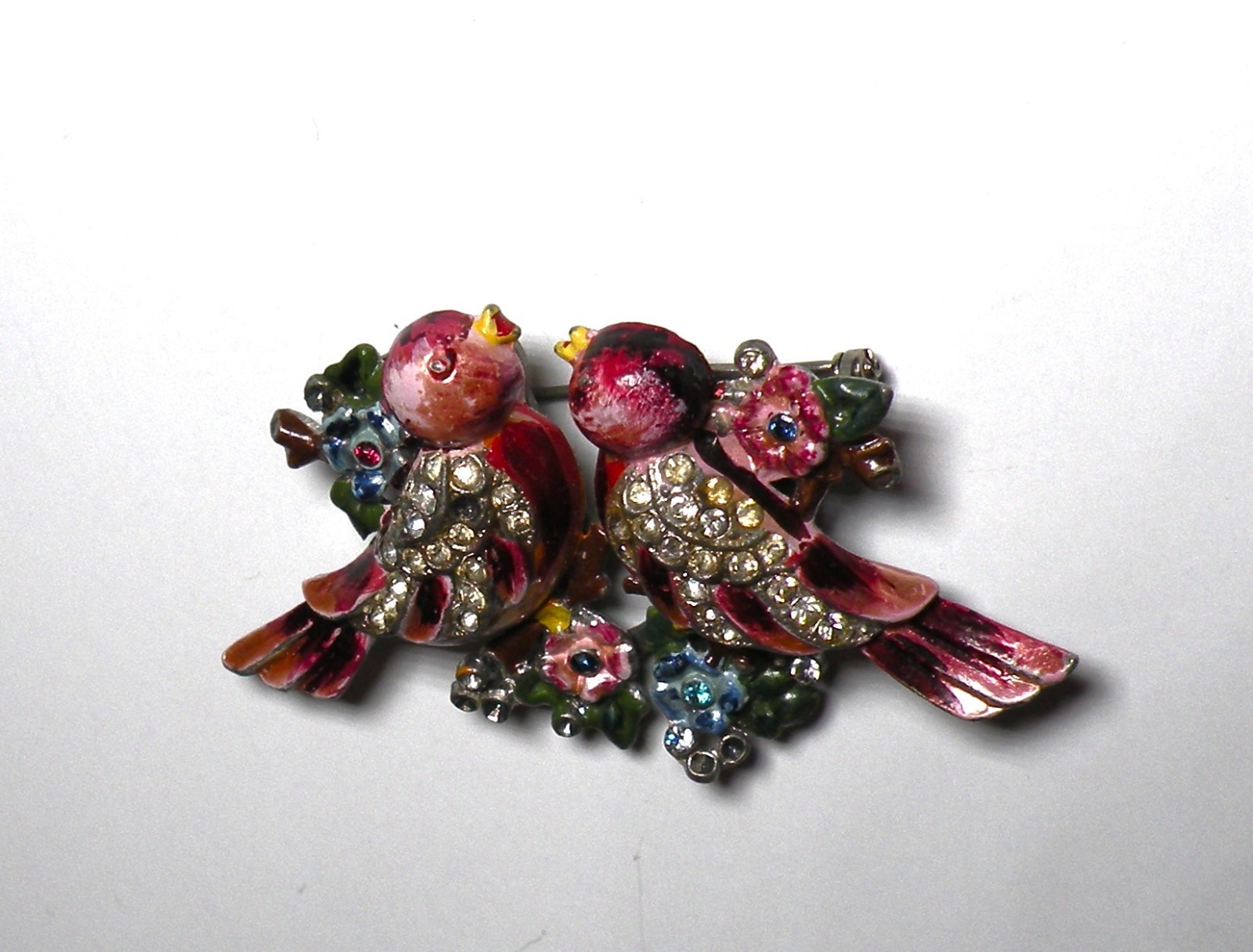 VINTAGE 1940S CORO DUETTE LOVE BIRDS ART DECO CLIPS RHINESTONE PIN BROOCH CRAFT